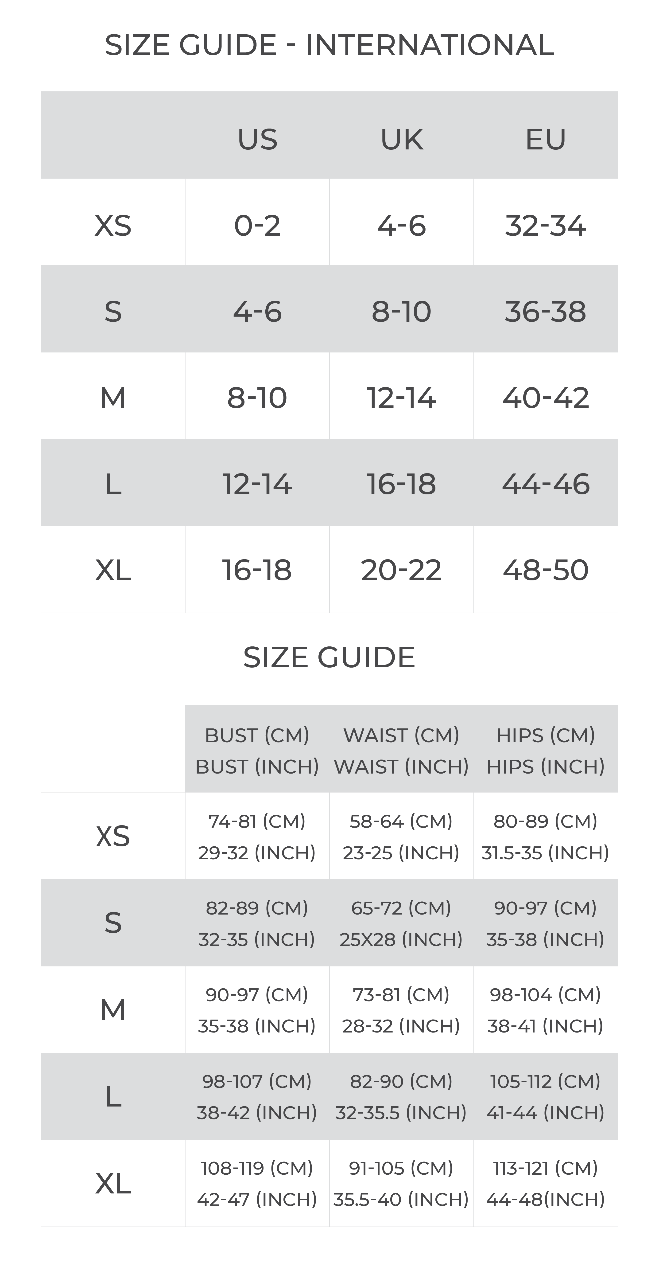 dress size guide mobile